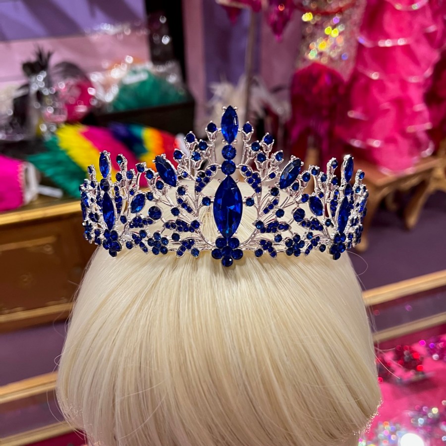 Silver Floral Tiara with Royal Blue Crystal Stones