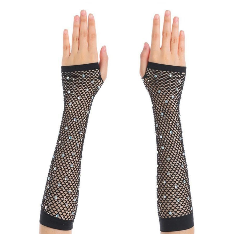 Black Medium Length Diamante Fishnet Fingerless Gloves