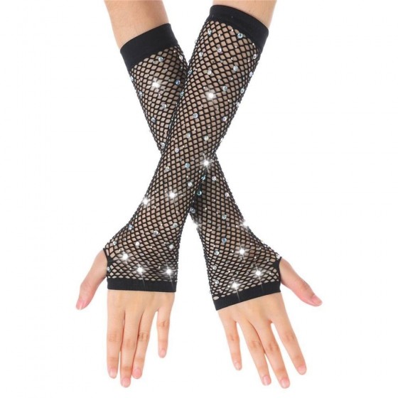 Black Medium Length Diamante Fishnet Fingerless Gloves