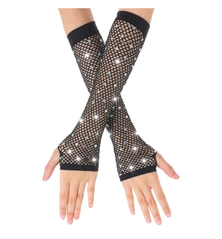Black Medium Length Diamante Fishnet Fingerless Gloves