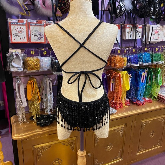 Black Showgirl Sequin Bodysuit with Beaded Fringe