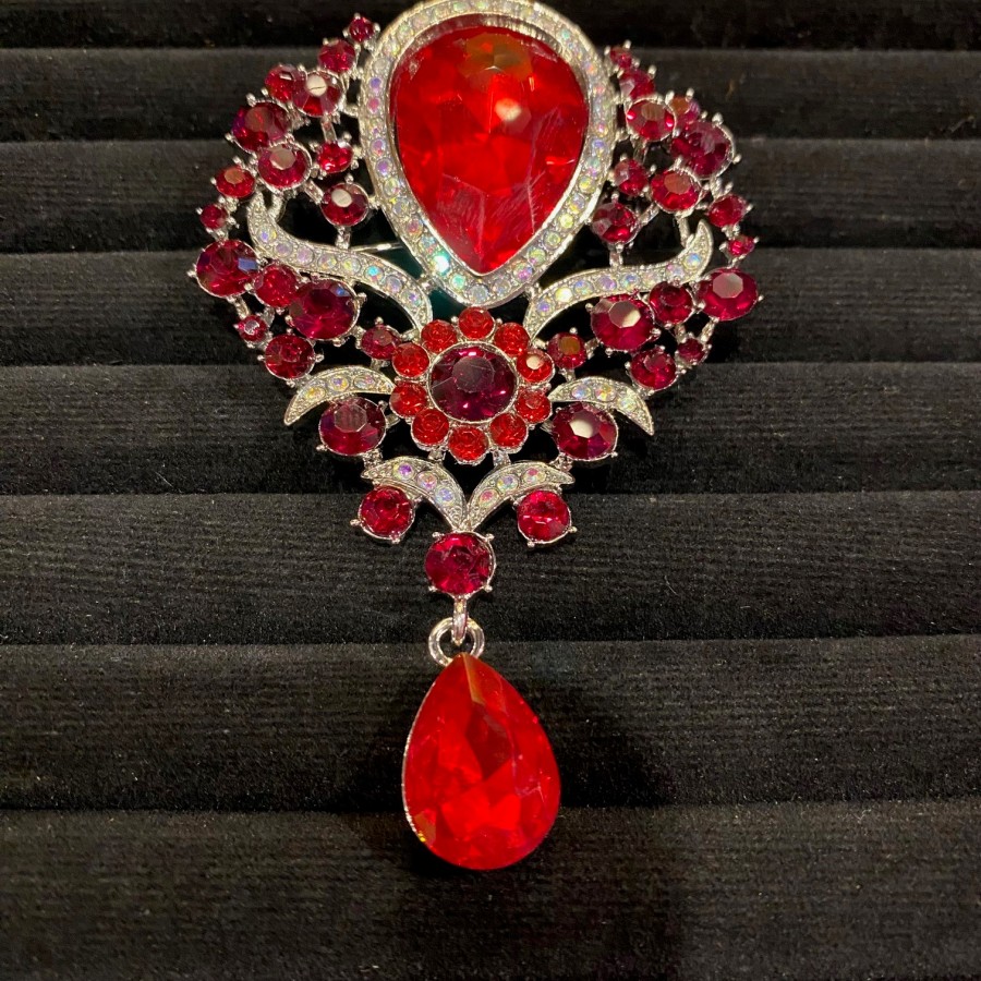 Red and Silver Diamante Brooch