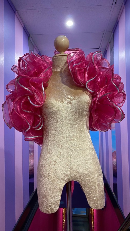Hot Pink Crystal Organza Boa Shoulder Wrap with Silver Sequin Trim