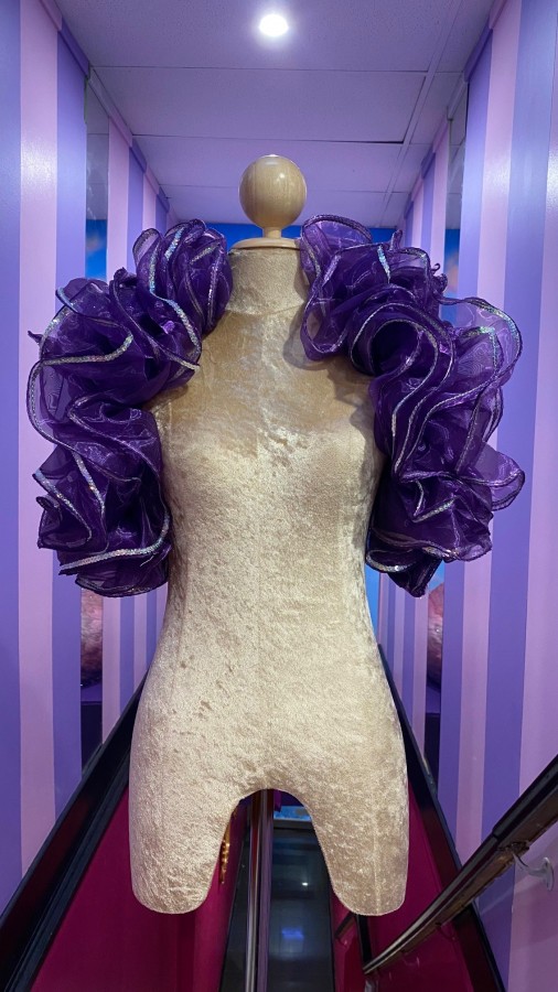 Dark Purple Crystal Organza Boa Shoulder Wrap with Silver Sequin Trim
