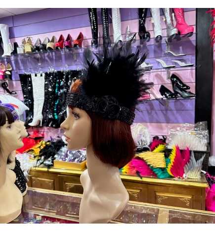 Deluxe Headband 1920's with Feather and Sequin Trim
