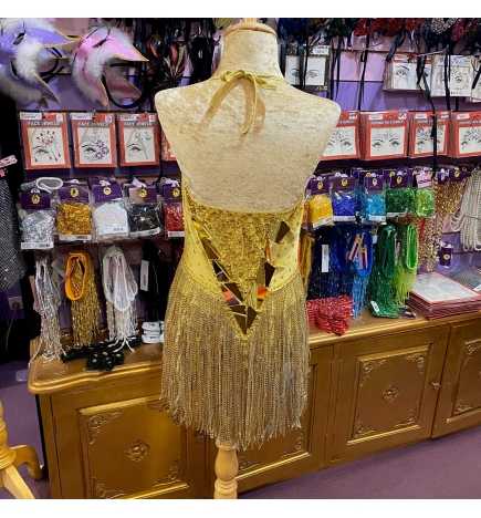 Gold Cut Mirror and Diamante Lycra Bodysuit with Diamante Fringe