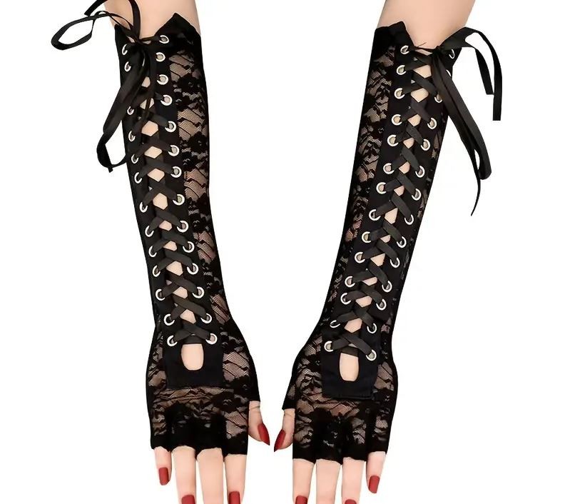 Black Fingerless Lace-Up Medium Length Gloves