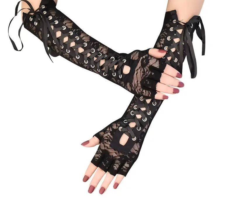 Black Fingerless Lace-Up Medium Length Gloves