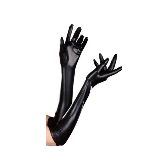 Black Wet Look Medium Length Gloves