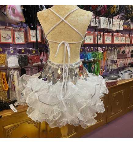 White-Silver Leaf Cut Sequin Americano Ruffle Dress