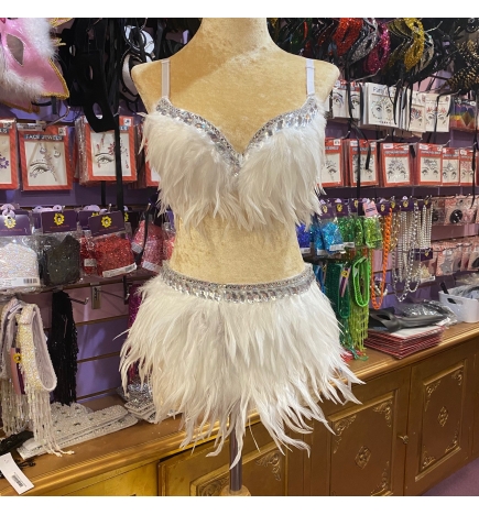 White Soft Feather Skirt with Clear Stone Trim