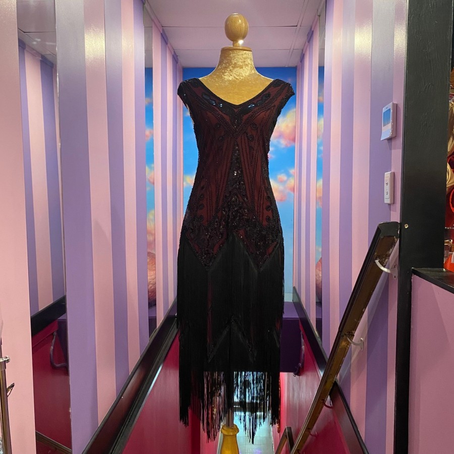 Burgundy Deluxe Vintage Gatsby Stretch Fringe Dress