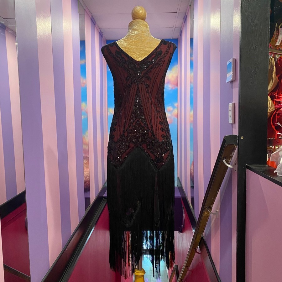 Burgundy Deluxe Vintage Gatsby Stretch Fringe Dress