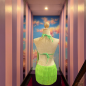 Lime Green Cabaret Cotton Fringe Low Back Bodysuit with Sequin Bra Cup