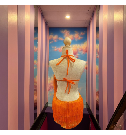 Orange Cotton Fringe Cabaret Low Back Bodysuit with Silver Sequin Bra Cup