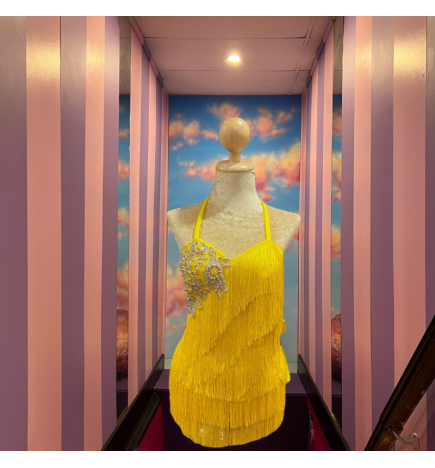 Yellow Cabaret Cotton Fringe Low Back Bodysuit with Sequin Bra Cup