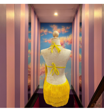 Yellow Cabaret Cotton Fringe Low Back Bodysuit with Sequin Bra Cup