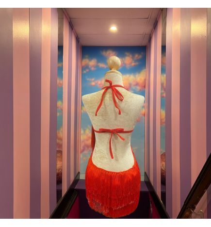 Red Cabaret Cotton Fringe Low Back Bodysuit with Sequin Bra Cup