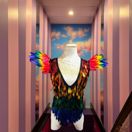 Rainbow Diamond Sequin Spike Feather Shoulder Bodysuit