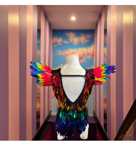 Rainbow Diamond Sequin Spike Feather Shoulder Bodysuit