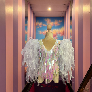 White Teardrop Sequin Bodysuit with Organza Seaweed Shoulders