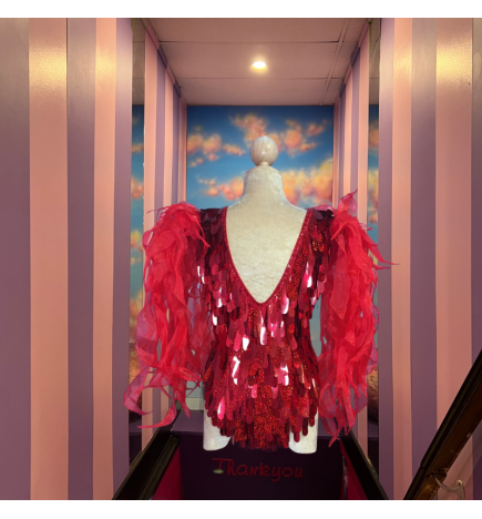 Red Teardrop Sequin Bodysuit with Organza Seaweed Shoulders