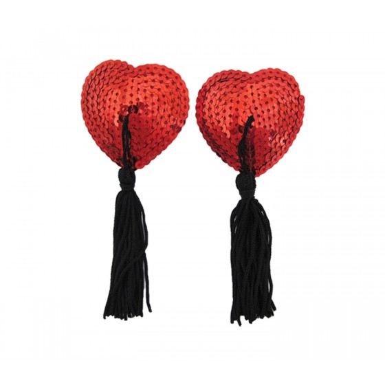 Red Heart Sequin Pasties with Black Nipple Tassels