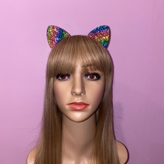 Rainbow Rhinestone Cat Ears Headband