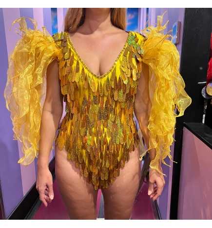 Gold Teardrop Sequin Bodysuit with Organza Seaweed Shoulders