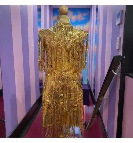 Gold Sequin Fringe Party-Cocktail Dress with Choker