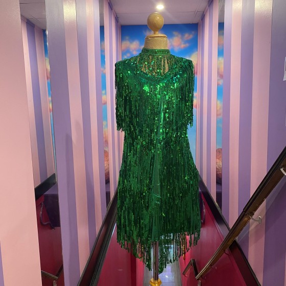 Dark Green Sequin Fringe Party-Cocktail Dress with Choker