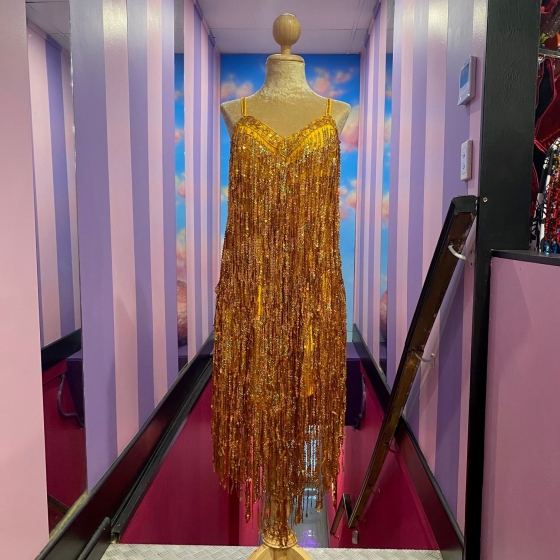 Gold Sequin Fringe V-Hem Dress