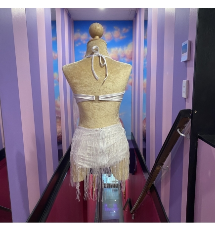 White Angie Mirror-Sequin Fringe Bodysuit