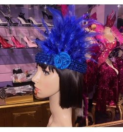 Royal Blue Deluxe Headband 1920's with Feather and Sequin Trim