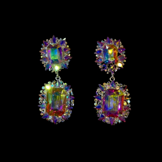 Aurora Borealis Gemini Crystal Rhinestone on Gold Earrings