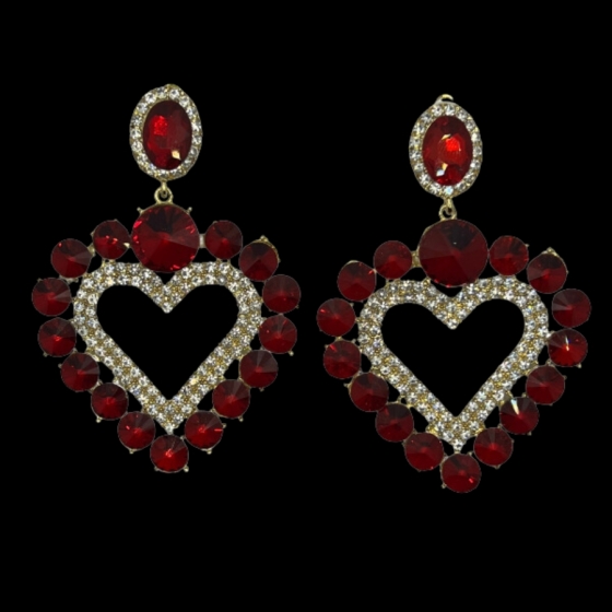 Red Rhinestone Love Heart Pierced Earrings
