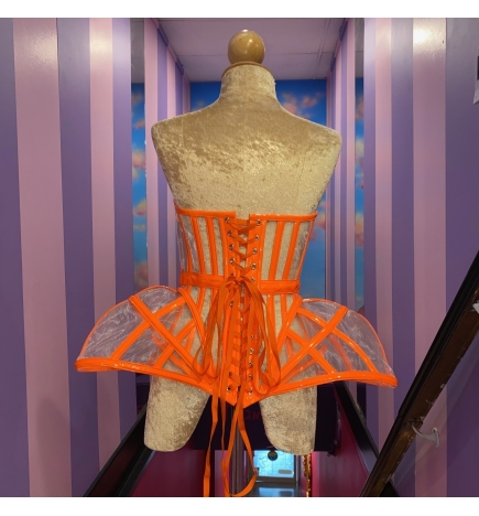 Neon Orange PVC Net Cage Cup Hip Corset