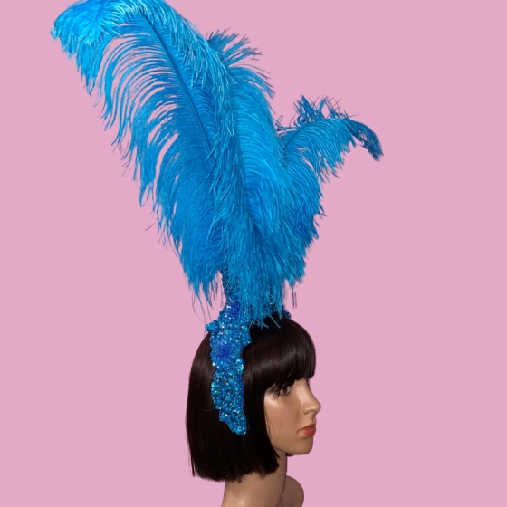 Aqua Blue-Lace Fountain Feathered Headpiece