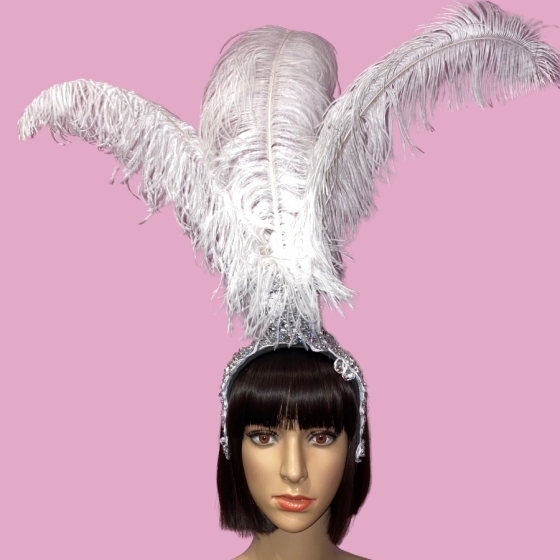 Silver-White-Lace Fountain Feathered Headpiece