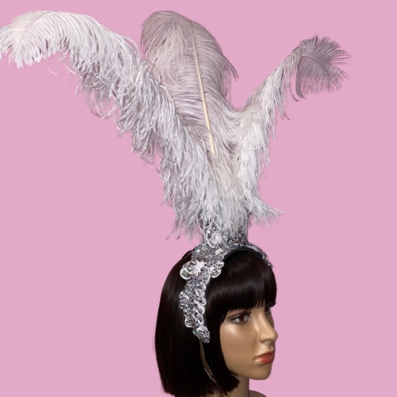 Silver-White-Lace Fountain Feathered Headpiece