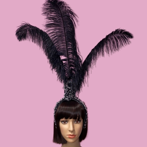 Black-Silver-Lace Fountain Feathered Headpiece