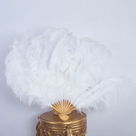 Hire-White Bamboo Burlesque Ostrich Feather Fan