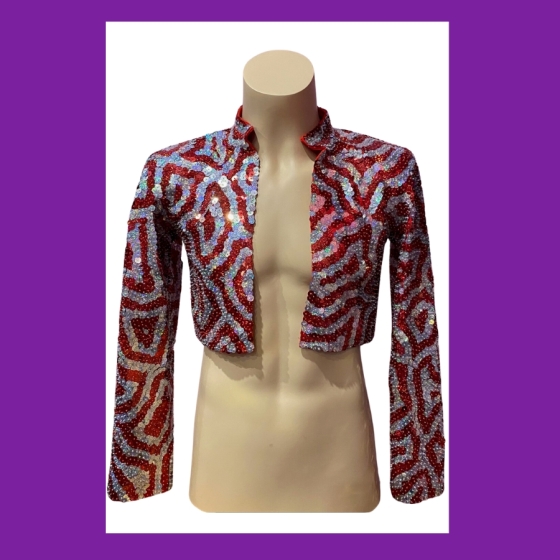 Hire-Cropped Jacket in Silver and Red Sequin