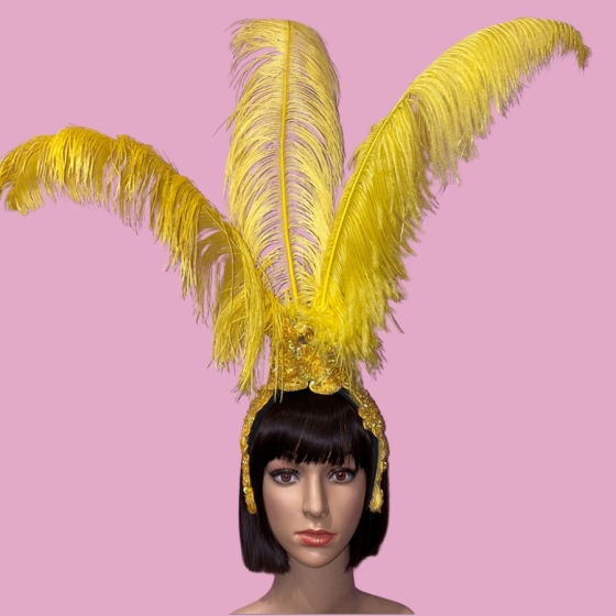 Yellow Lace Fountain Feathered Headpiece with 3 Ostrich Feathers