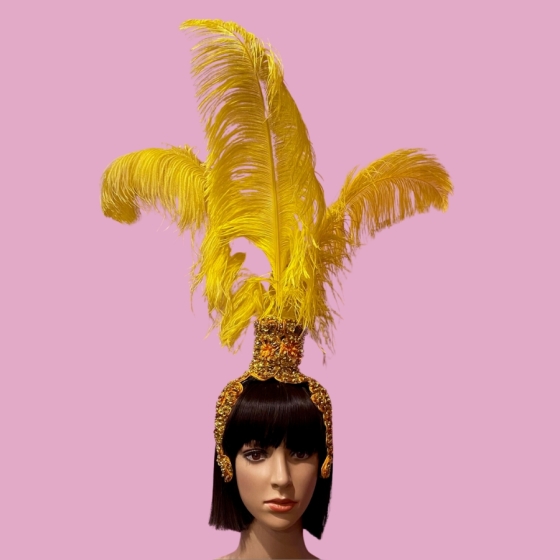 Gold Lace Fountain Feathered Headpiece with 3 Ostrich Feathers