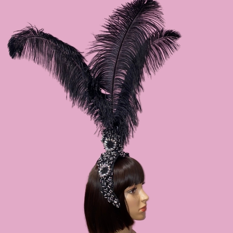 Hire-Lace Fountain Feathered Headpiece with 3 Ostrich Feathers