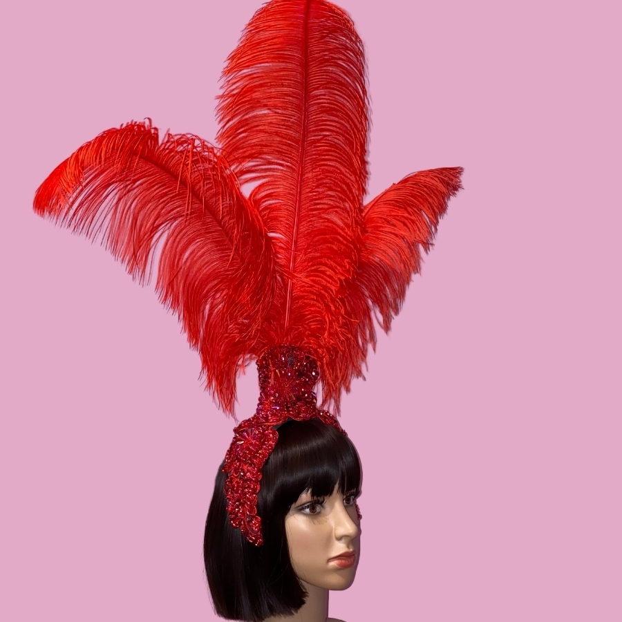 Hire-Lace Fountain Feathered Headpiece with 3 Ostrich Feathers