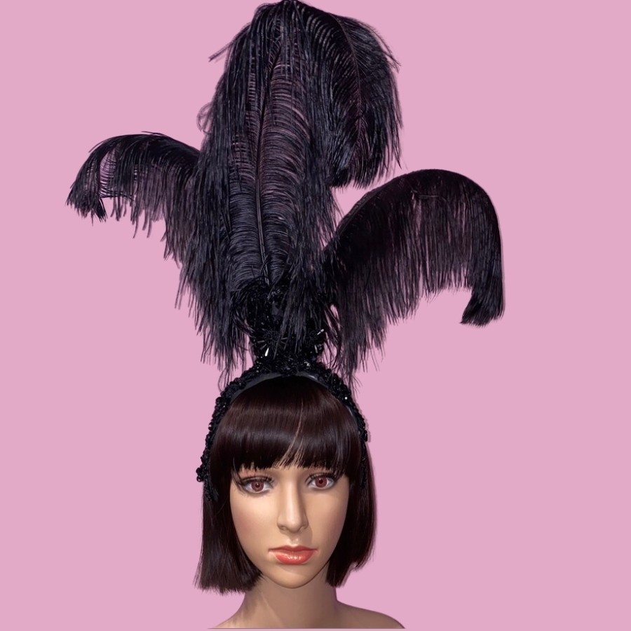 Hire-Lace Fountain Feathered Headpiece with 3 Ostrich Feathers