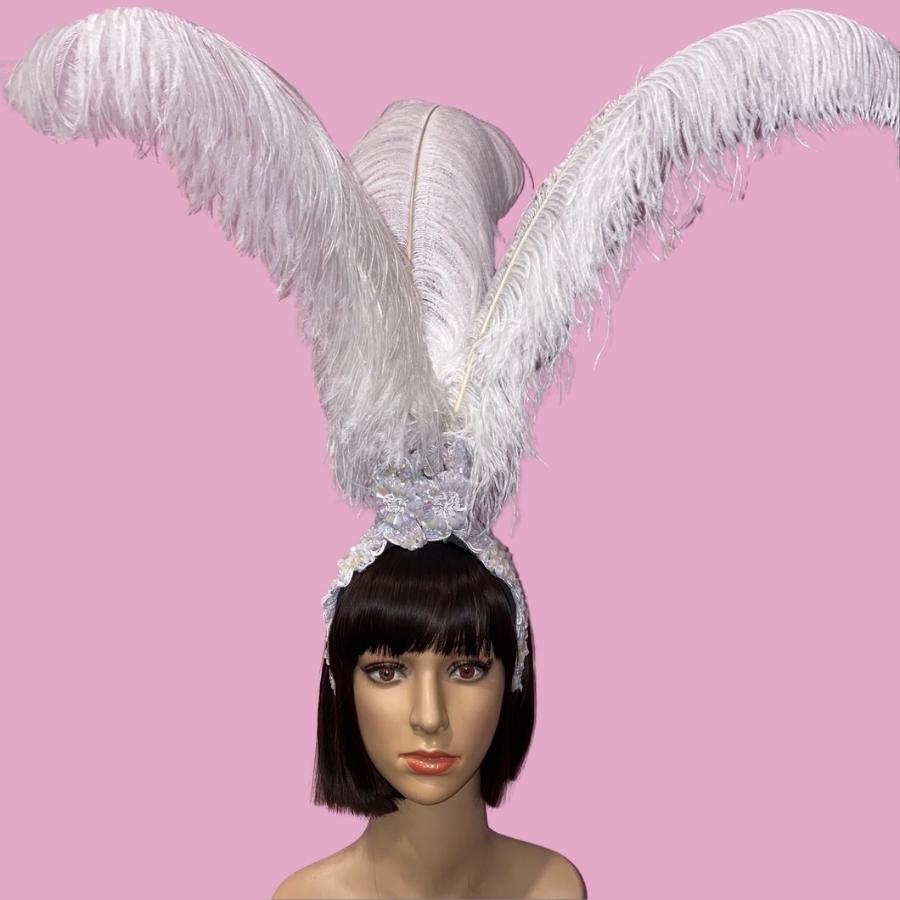 Hire-Lace Fountain Feathered Headpiece with 3 Ostrich Feathers