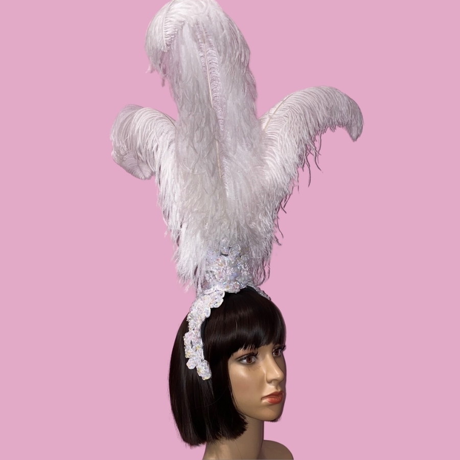 Hire-Lace Fountain Feathered Headpiece with 3 Ostrich Feathers